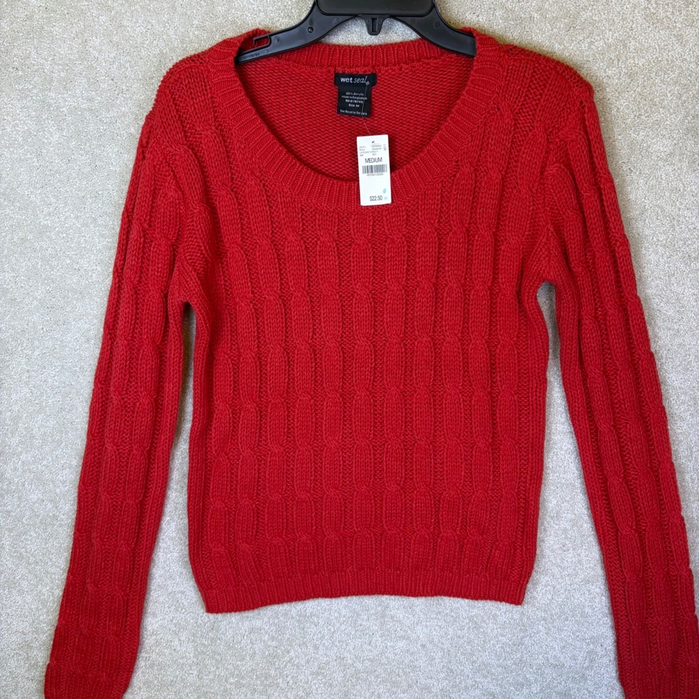 Wet Seal Sweater Womens Medium Red Solid Cable Knit Long Sleeve Scoop Neck NWT